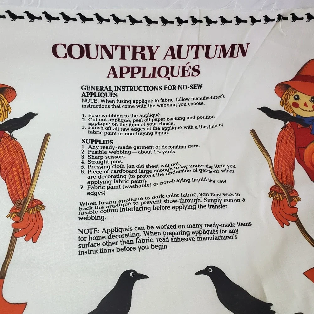 Country Autumn Applique Fabric Panel Cranston DIY Scarecrow Leaves Black Crow